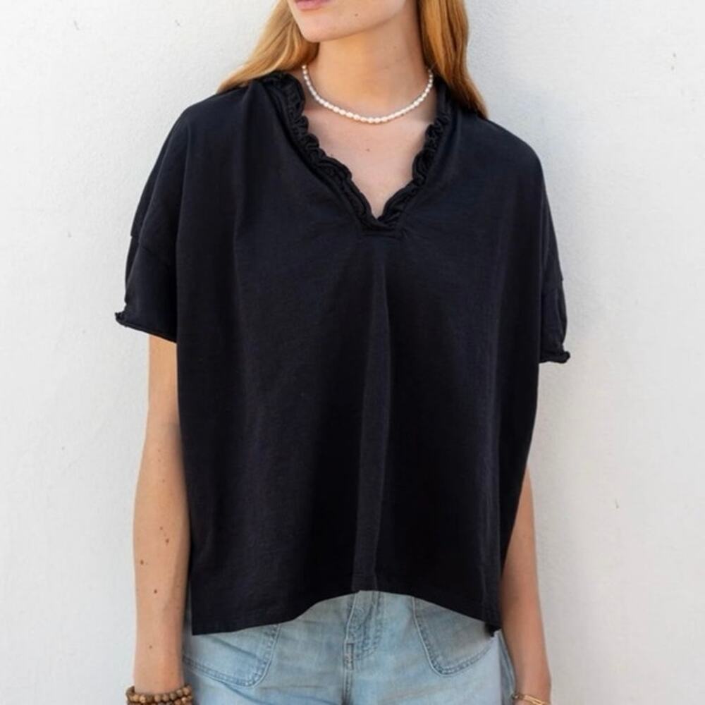 Mersea Cotton Amelia Ruffle Tee Black One Sz Boxy Minimalist Coastal Clean Girl